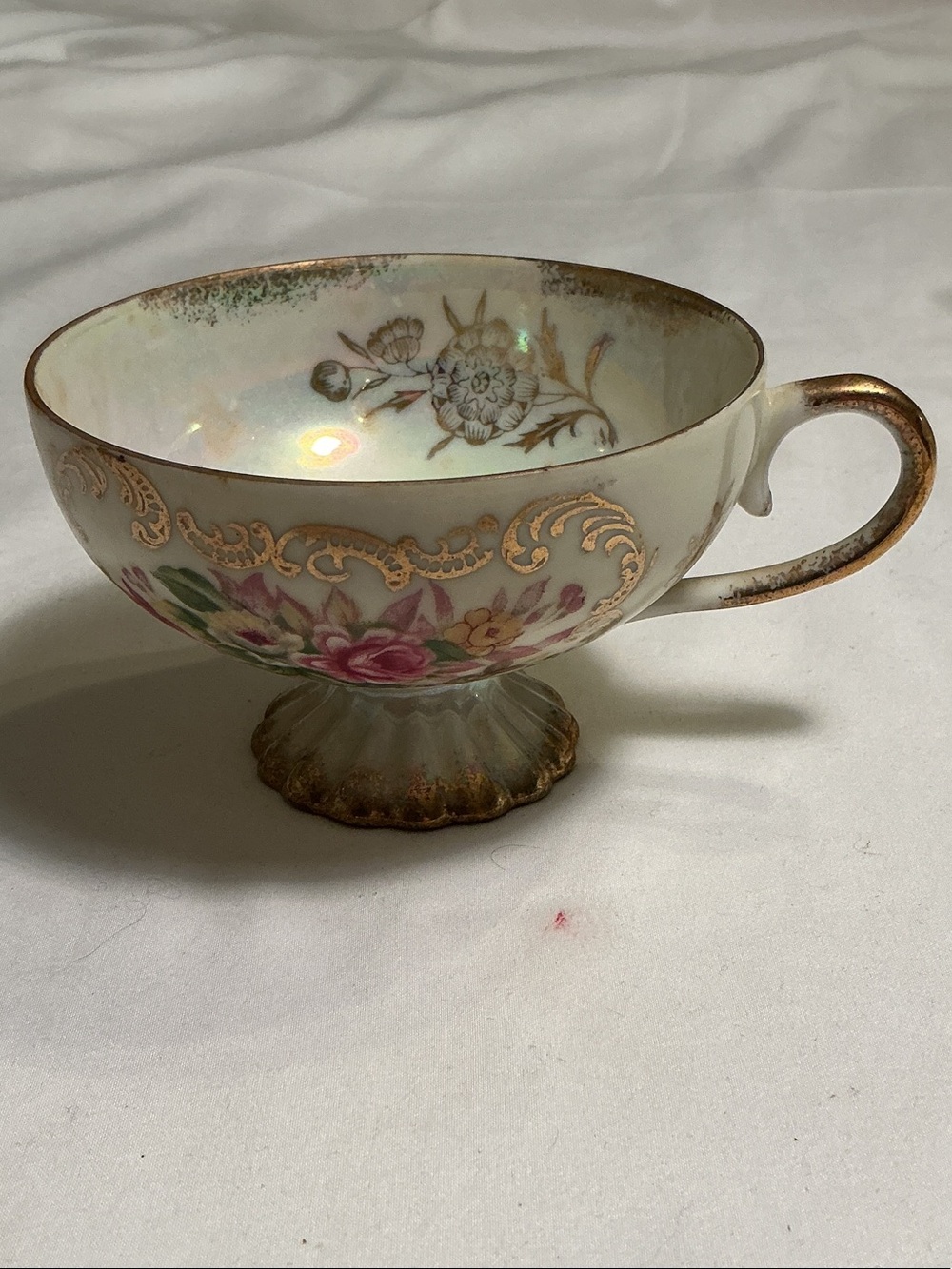 Ornate Porcelain Footed Teacup with Pink Rose Floral and Gold Gilding